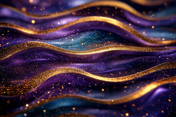Glitter Violet Blue Gold Wave Stripes Design. Shiny golden moving lines design element on dark background