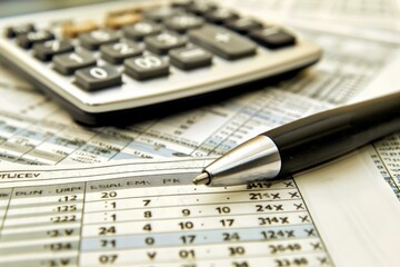 Pen and calculator resting on financial report showing data and numbers, concept for business, finance and accounting