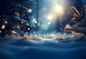 Naklejka premium A snowy forest scene at night with a warm light shining through the trees.
