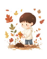 Cute Boy Picking Up Autumn Leaves in a Park