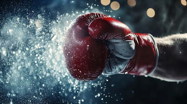 A boxer's fist in a red boxing glove punches forward.