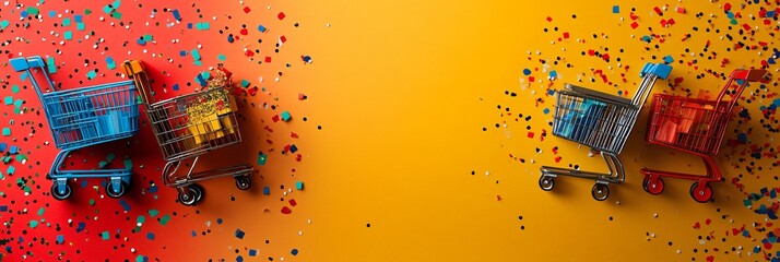 Black Friday Extravaganza: Shopping Cart sandwiched on two sides Shop You Drop with Discounts and Confetti Galore one Red orange Background