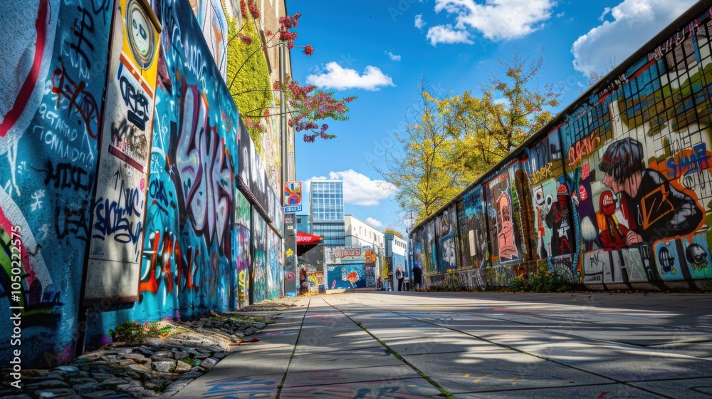 Aufkleber a captivating view of the lively street art and eclectic architecture of berlin with vibrant murals 