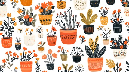 Colorful Potted Plants Seamless Pattern   Home Decor  Wallpaper  Textile Design