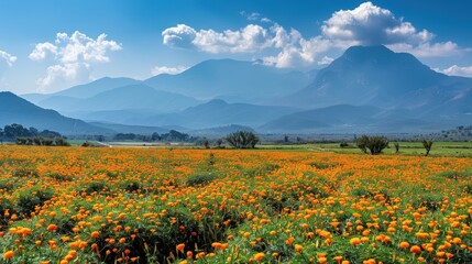 Vibrant Cempasuchil Fields Against Majestic Mountain Backdrop for Nature and Seasonal Themes