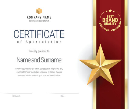 Award certificate with a gold star and a dark red ribbon with gold edges. Strict style. Modern design diploma template. Vector illustration.