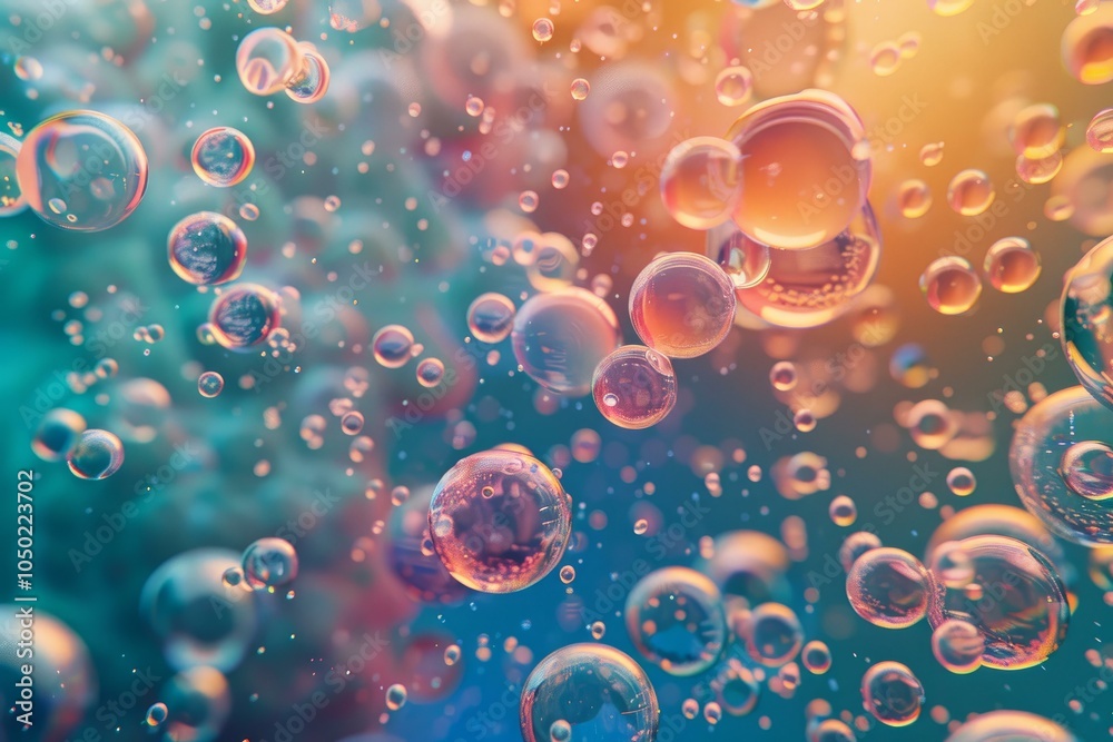 Poster close up of colorful bubbles floating in water creating abstract background