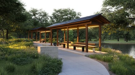 Obraz premium A path with wooden benches under covered walkways leads to a lake in a park.