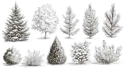 Fototapeta premium Hand Drawn Trees and Shrubs Botanical Illustration Collection for Garden Design