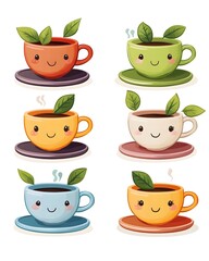Cute Cartoon Teacups with Smiling Faces and Steam  Tea Time Illustration