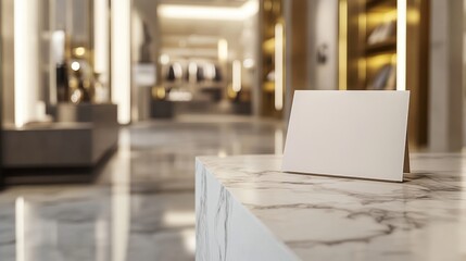 A stylish flyer mockup is displayed on a marble counter in a luxurious retail environment