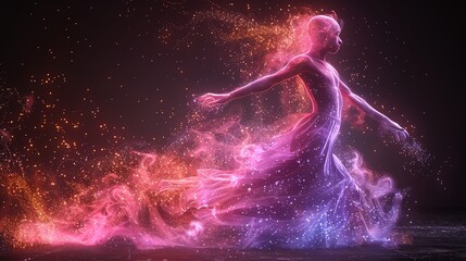 Woman in flowing, fiery dress, abstract concept of movement and energy.