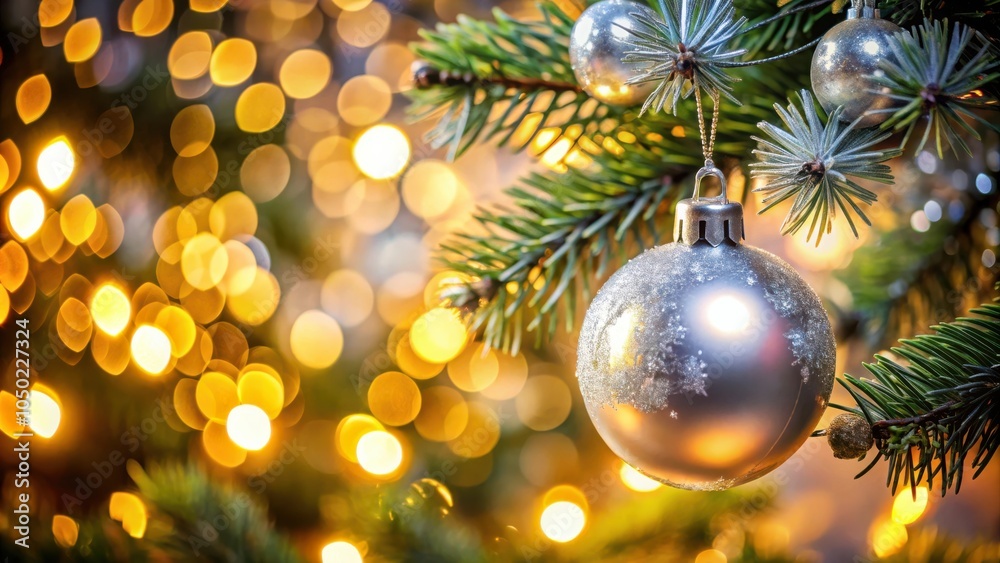Poster a shimmering silver christmas ornament hangs from a pine bough, illuminated by soft, warm lights tha