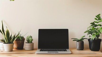 Fototapeta premium A laptop with a blank screen on a wooden desk with potted plants,