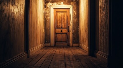 Obraz premium A dimly lit hallway leading to a wooden door, evoking mystery and suspense.