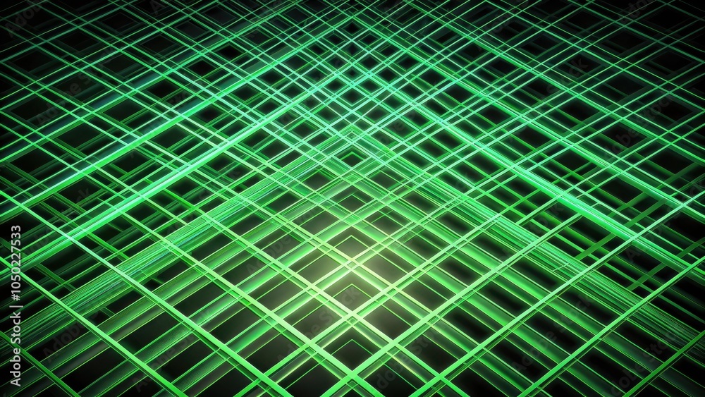 Poster A vibrant, green, geometric abstract background with a grid pattern that creates an optical illusion of depth and perspective.