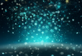 Fototapeta premium A dark blue sky with a bright blue glow at the horizon, covered in falling snowflakes.