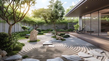 Fototapeta premium A zen garden with raked gravel and stepping stones next to a modern home.
