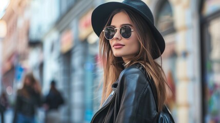 Fototapeta premium Fashion. Young stylish woman walking on the city street looking back camera smiling playful