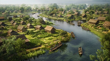 Obraz premium Peaceful Riverside Village Post-War Restoration with Fishing and Boating Serenity