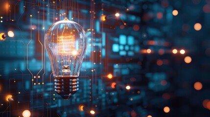 A glowing light bulb with circuitry in the background.