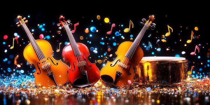 Colorful musical notes swirl around strings and percussion, celebrating joy and creativity in music