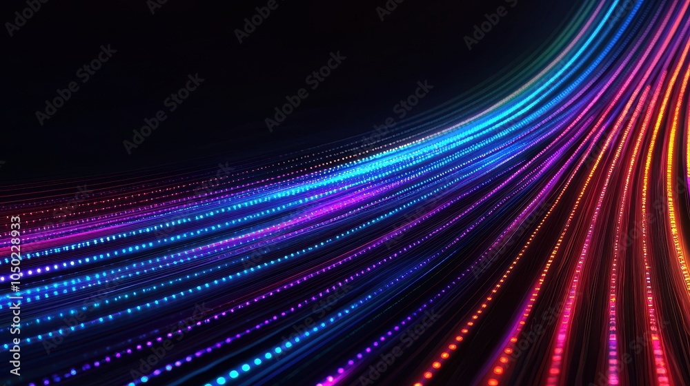 Poster a vibrant display of colorful light trails moving dynamically against a dark background, creating an