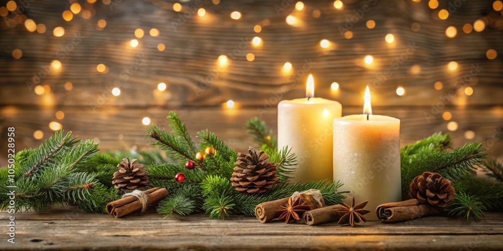 Poster burning candles with pine branches and cinnamon sticks on a wooden background with warm, bokeh light