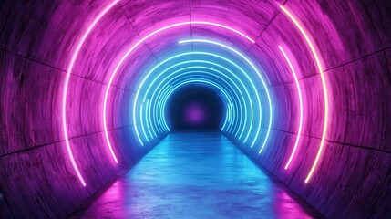 A vibrant tunnel illuminated with pink and blue neon lights, creating a futuristic and immersive atmosphere.