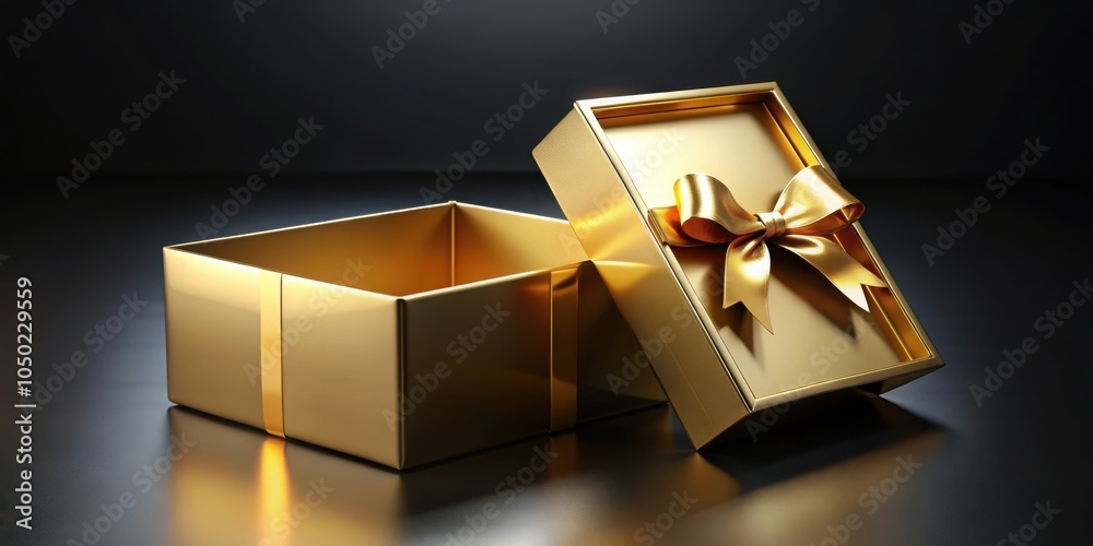 Poster an open golden gift box with a satin bow, gleaming with elegance and anticipation on a dark backdrop