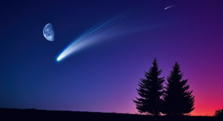 Bright comet streaking across night sky with crescent moon and pine trees