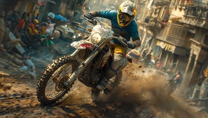 A motocross rider speeds through a crowded city street, kicking up dust and dirt.
