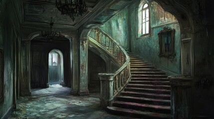 Eerie Abandoned Mansion Staircase with Vintage Charm