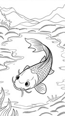 Fototapeta premium Cute Koi Fish Swimming Cartoon Vector illustration coloring book Generativew AI 