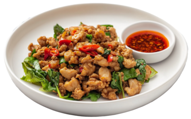 Stir-fried minced pork with holy basil leaves or pad kra pao moo isolated on transparent background.