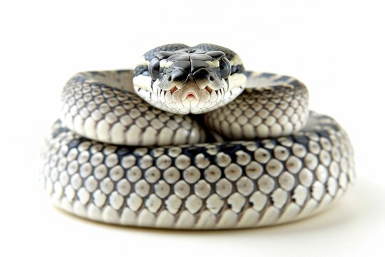 Carpet Python showcases its striking patterns while coiled in a relaxed position. The soft lighting highlights its scales against the clean white background.