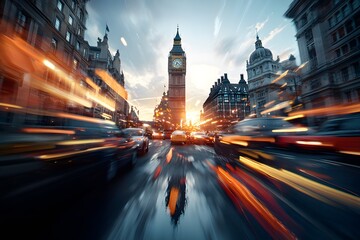 Obraz premium Urban Sunset with Motion Blur in City Landscape
