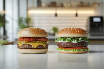 Visual comparison of real and 3D printed hamburgers, showcasing benefits of plant-based alternatives for sustainability.