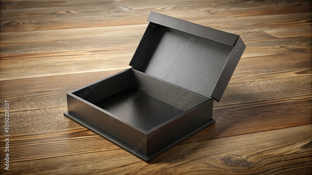 Poster an empty black box rests open on a smooth, dark wood surface, awaiting its purpose.