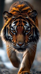 Obraz premium Intense close-up of a Bengal tiger walking forward, highlighting its piercing gaze and vibrant orange and black striped fur, embodying raw power and grace.