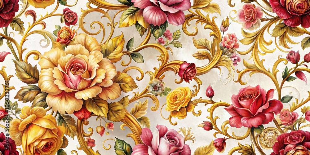 Poster a seamless pattern of delicate roses and ornate gold scrollwork, creating a luxurious and romantic f