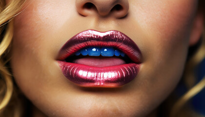 Naklejka premium a woman's face with glossy red lips, open mouth and beautiful teeth