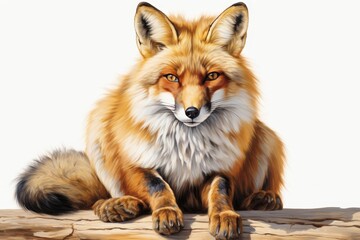 Cunning fox with beady eyes and a sly, mysterious smile on a pristine white background