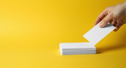 Hand picking blank card from stack against yellow background, space for text