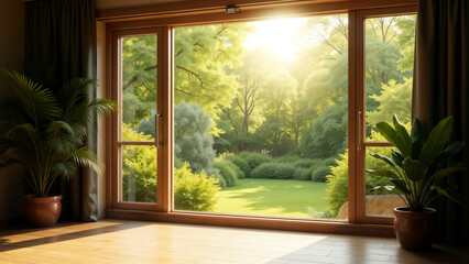 Fototapeta premium A Cozy Big Window Overlooking a Tranquil Garden Filled with Natural Light and Beauty