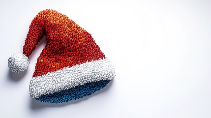 Festive sequin Santa hat on white backdrop with space