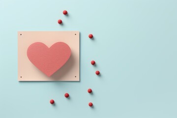 Fototapeta premium Charming red heart on soft pink card with delightful pale blue dots for a touch of elegance