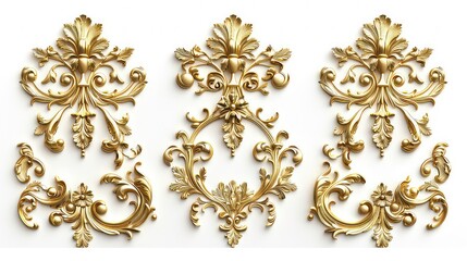 Three golden ornate scroll designs isolated on white background.