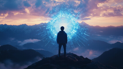 Fototapeta premium 宇宙の門と山頂に立つ人