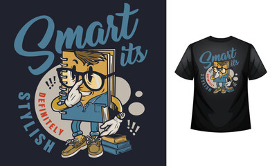 Chic Book Illustration: Stylish Boy in Glasses with 'Smart' Typography vector T-shirt design template